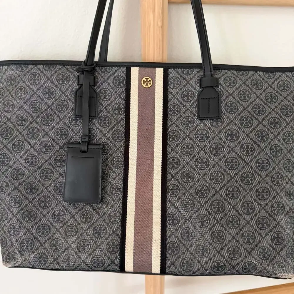 Tory Burch T Monogram Coated Canvas Large Tote Shopper Bag Gray Black Leather